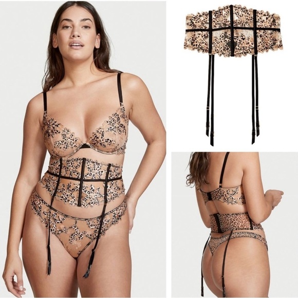Victoria's Secret Other - 3pc Victoria’s Secret Very Sexy Sheer Leopard Bra‎ Waist Cincher Garter & Thong